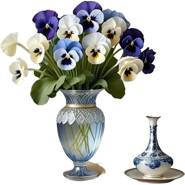 A carefully arranged still life featuring a crystal vase filled with an enchanting mix of soft blue and creamy white pansies, their petals unfolding like miniature works of art. A string of pearls is casually draped beside the vase, reflecting a subtle iridescence under candlelight. The backdrop is a hand-painted silk fabric in gentle shades of pearl and ivory, its smooth texture enhancing the refined beauty of the floral display emoji
