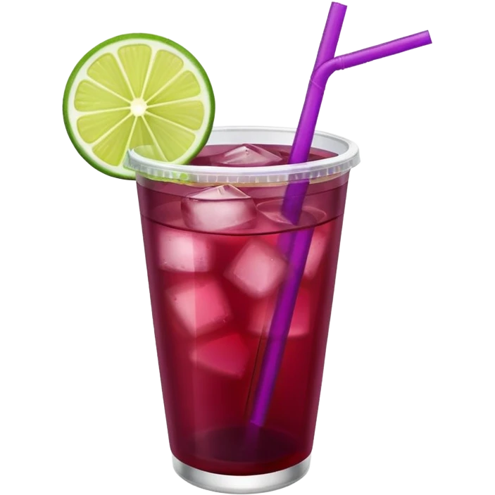 maroon purple cocktail with a lime wedge in the drink in a plastic cup with lid and straw - no lime on edge

 emoji
