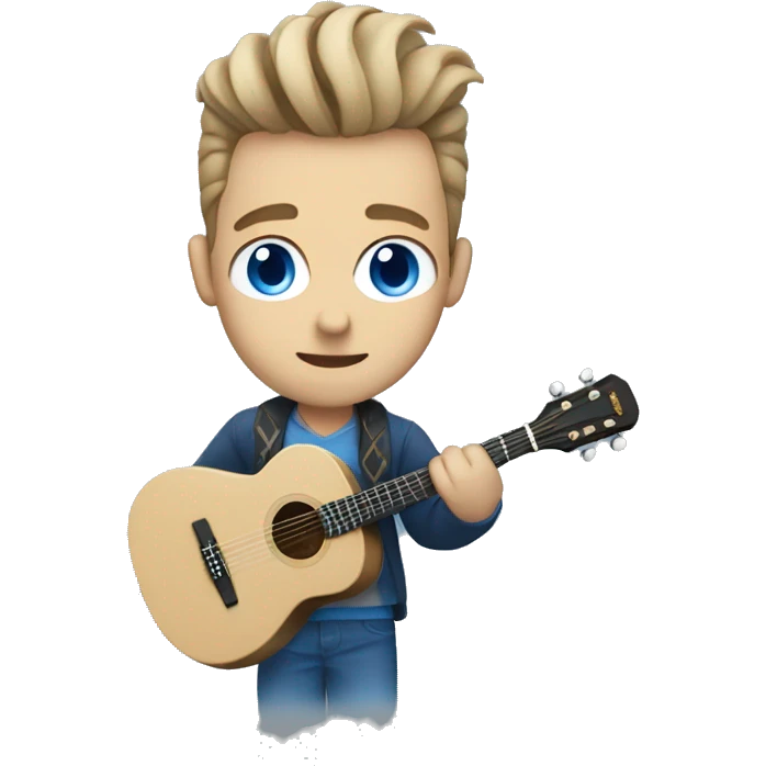 a white with blue eyes man wearing cardigan with a manbun playing guitar emoji