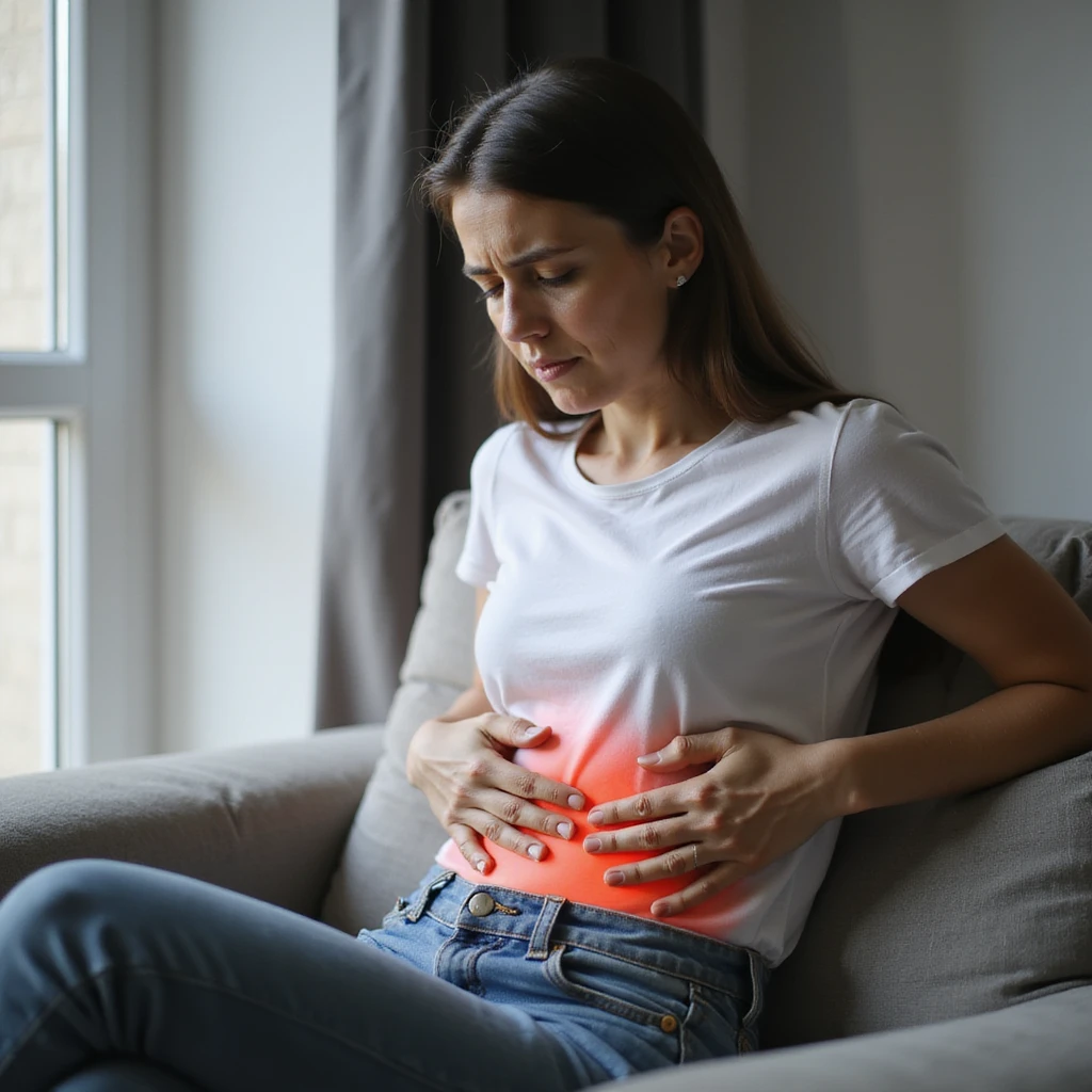 adult woman, photorealistic, abdominal pain, sitting on sofa with hands on abdomen, downcast expression, natural light, home background emoji