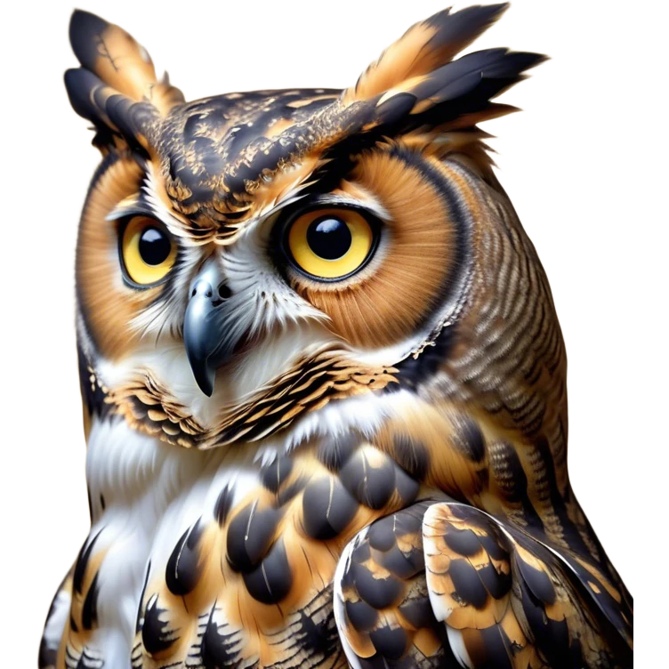 Cinematic Noble Great Horned Owl Portrait Emoji, Poised and regal, with a commanding, broad build and a richly mottled plumage of grays, whites, and subtle browns, deep-set soulful golden eyes, Simplified yet sharp and sophisticated features, highly detailed, glowing with a soft, dignified glow, high shine, intelligent and enigmatic, stylized with an air of nocturnal majesty, focused and attentive, soft glowing outline, capturing the essence of a watchful and confident raptor, so majestic it feels as though it could silently swoop out of the screen with effortless authority! emoji