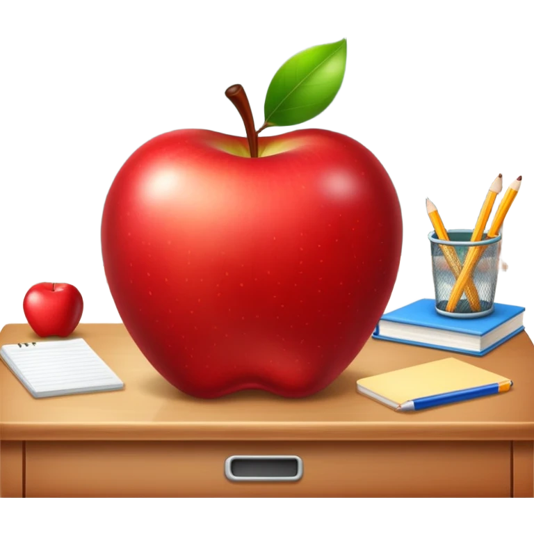 	A shiny red apple on a teacher’s desk. emoji