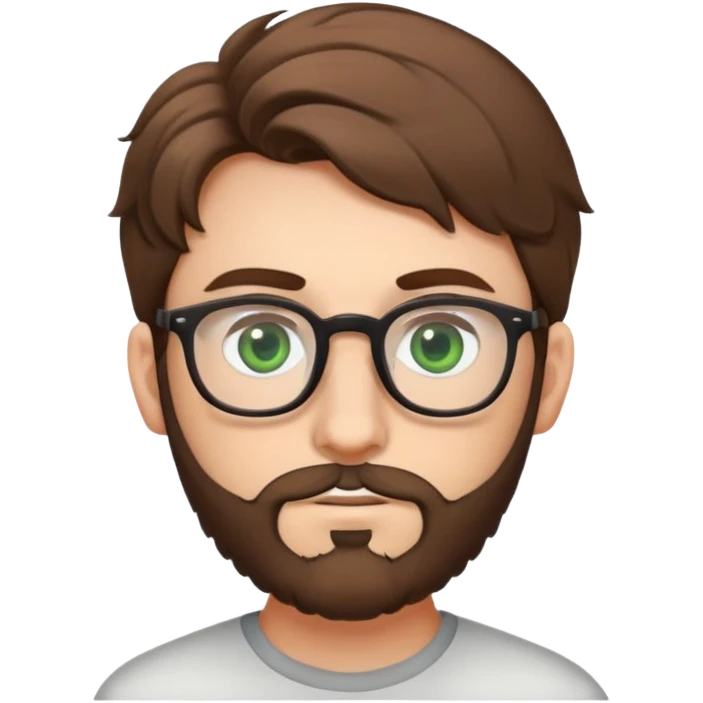 Young man with slightly curled brown poofy hair, green eyes wearing glasses, wide face with eyes set apart, bigger ears, and stubble but not a full beard emoji