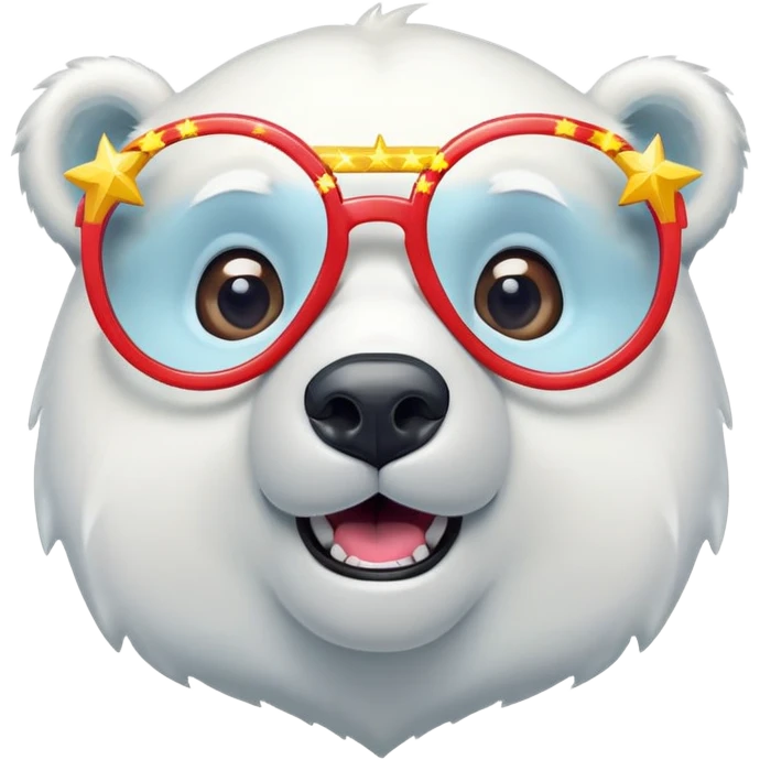 head and shoulders of a friendly anthropomorphised polar bear wearing oversized colorful star glasses, excited expression emoji