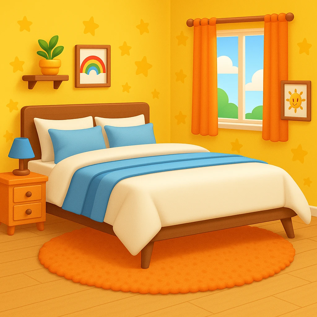 Add a colorful bedroom background with bright walls, playful decorations, and a cozy rug. Keep the room tidy and inviting in emoji style emoji