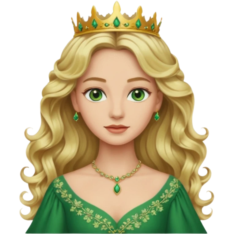 Queen, blonde wavy hair, green eyes, long green dress emoji