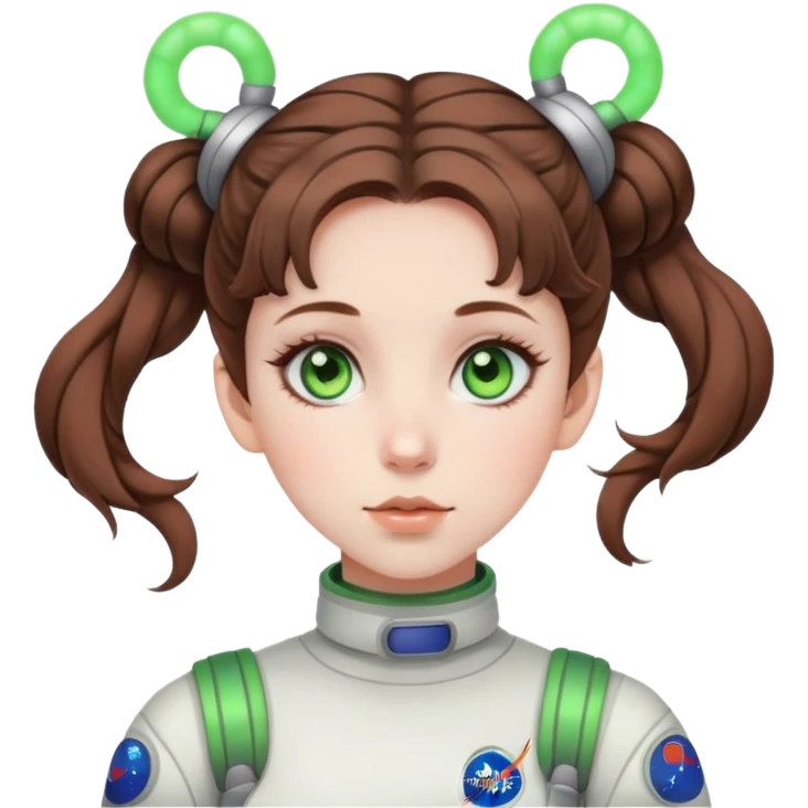 Girl with brown hair in space buns and green eyes crashing out emoji