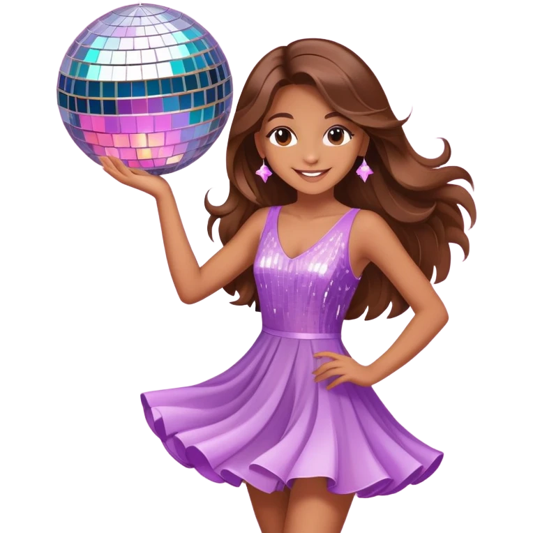 Girl with long brown hair dancing like nobody’s watching, cute elegant quirky  discoball in background pastel  emoji