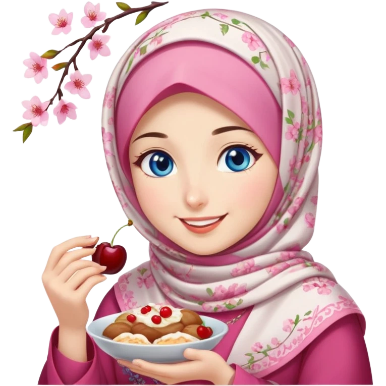 Turkish beautiful finish Konya girl blue eyes with cherry blossom floral hijab islamic dress and she’s savouring delicious food face emoji