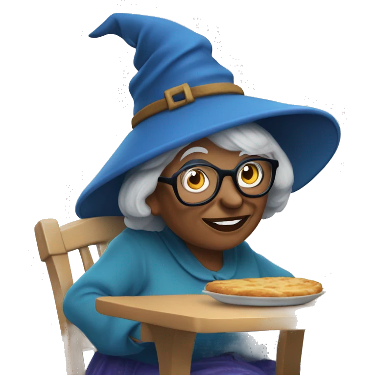 smart granny witch with glasses and blue hat lunching with friends emoji