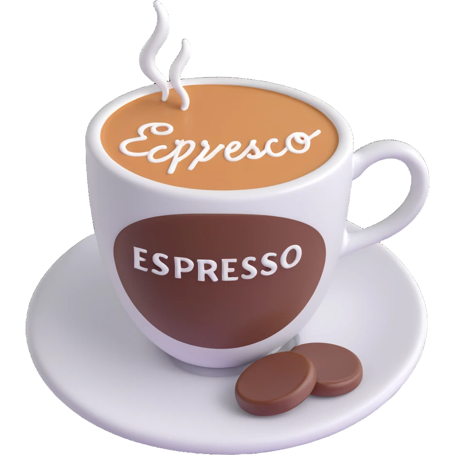 A cup of coffee with the word “Espresso” written on the foam, close-up, warm lighting, simple background emoji