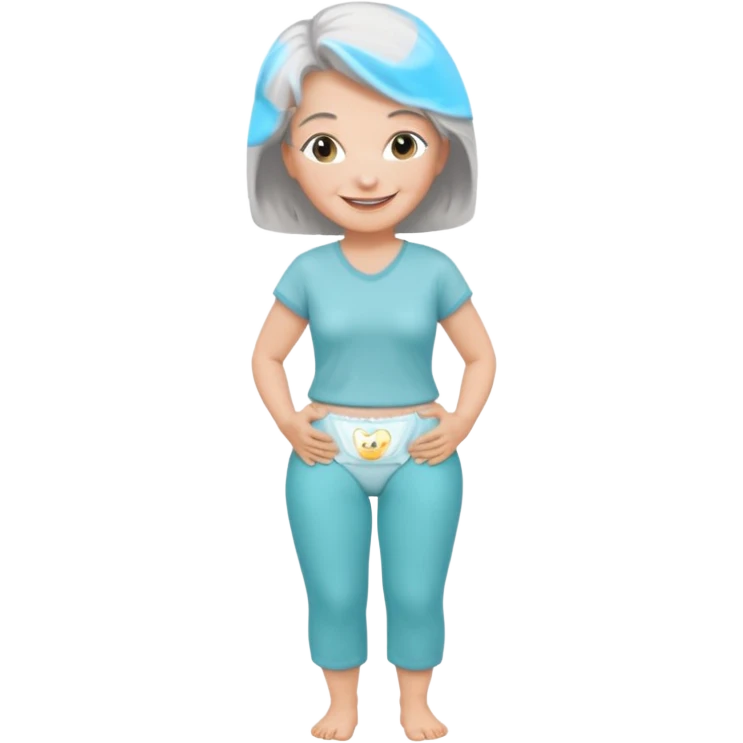 a Woman, mid 50 with light grey hair, wearing pampers (incontinence pants) emoji