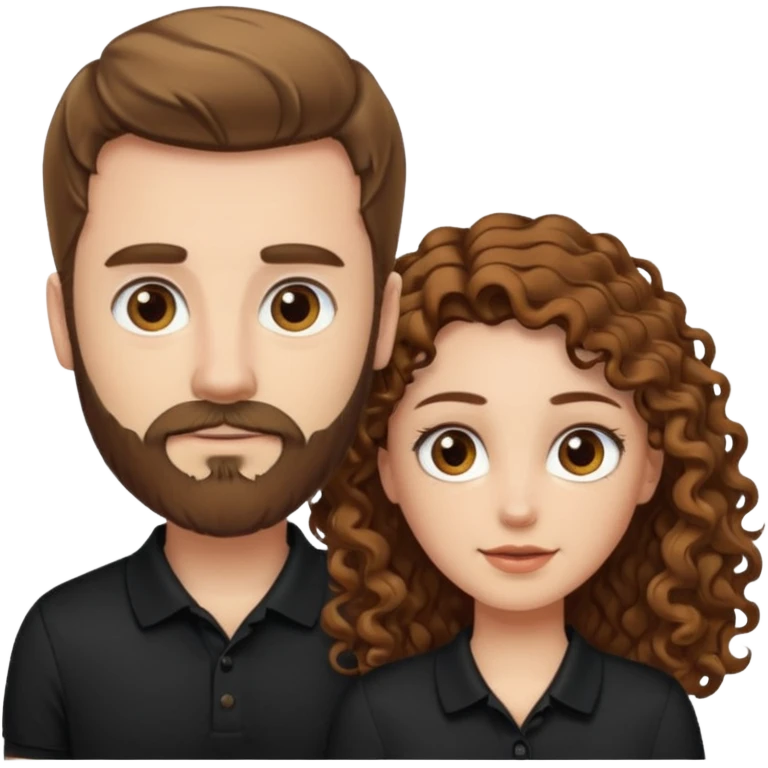 Criar Casal - Homem branco de cabelo liso e olhos marrom, com barba, camiseta polo preta e mulher de pele branca cabelo cacheado marrom longo e olhos mel emoji