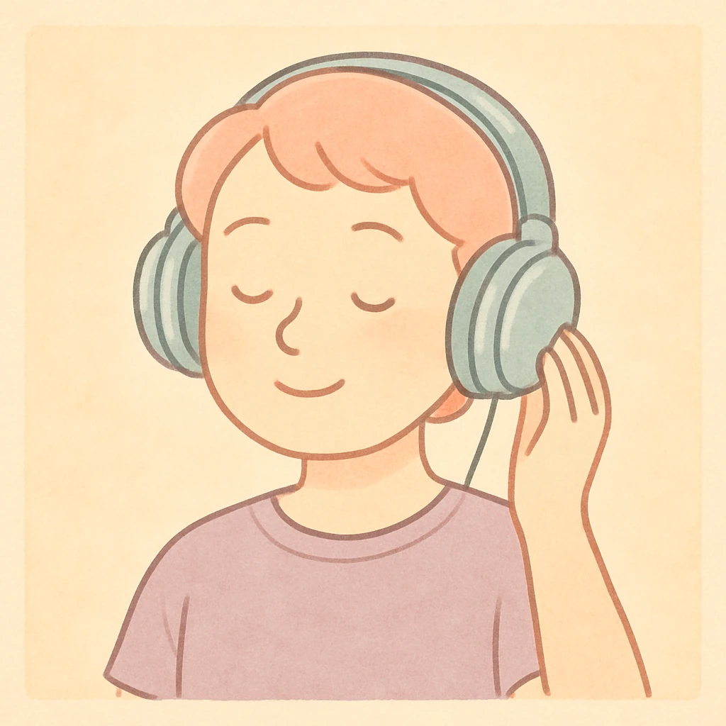 person with short hair and headphones, soft line avatar style, gentle lines and pastel hues emoji