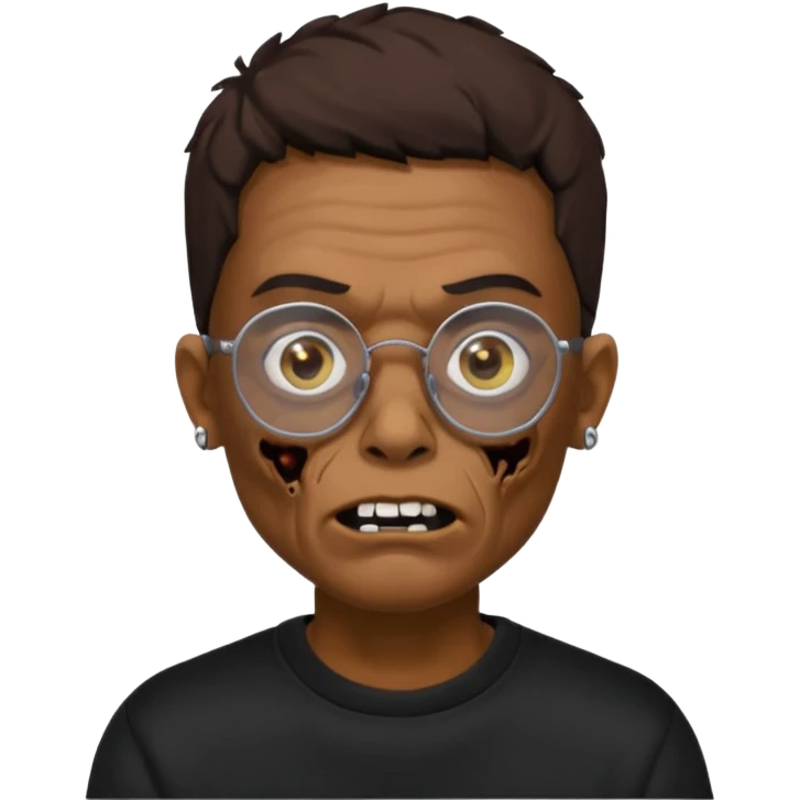 Chico moreno zombie, con gafas y sudadera negra, dos aretes en la oreja izquierda y dos en la derecha, ojeras en los ojos y emoji