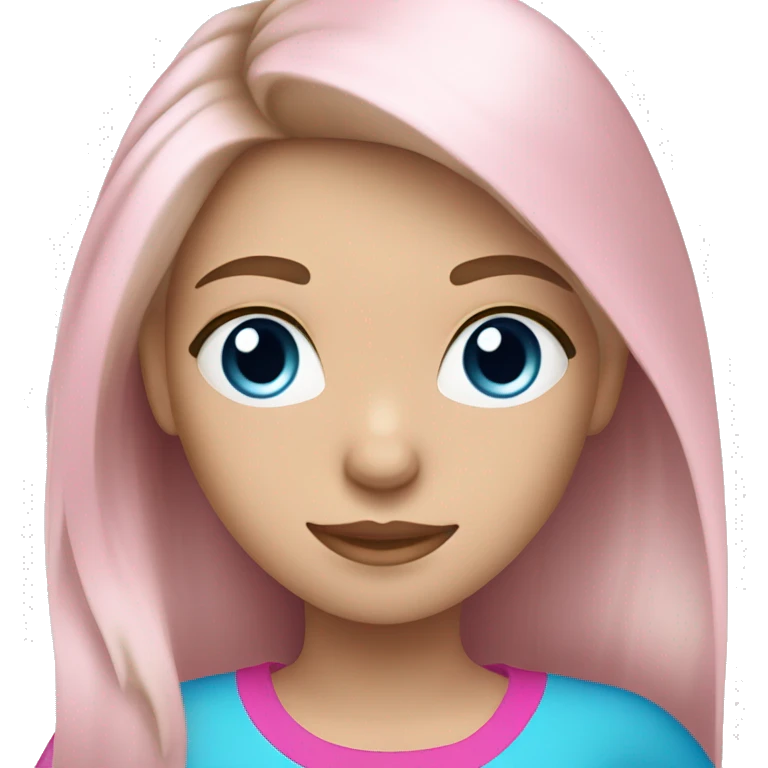 a blue eyed white dark blond hair girl wearing a pink shirt holding a pink iphone  emoji