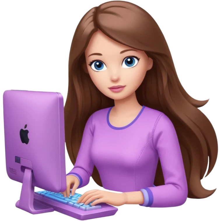 beautiful barbie girl with long brown hair, blue eyes and wearing light purple clothes playing computer games emoji