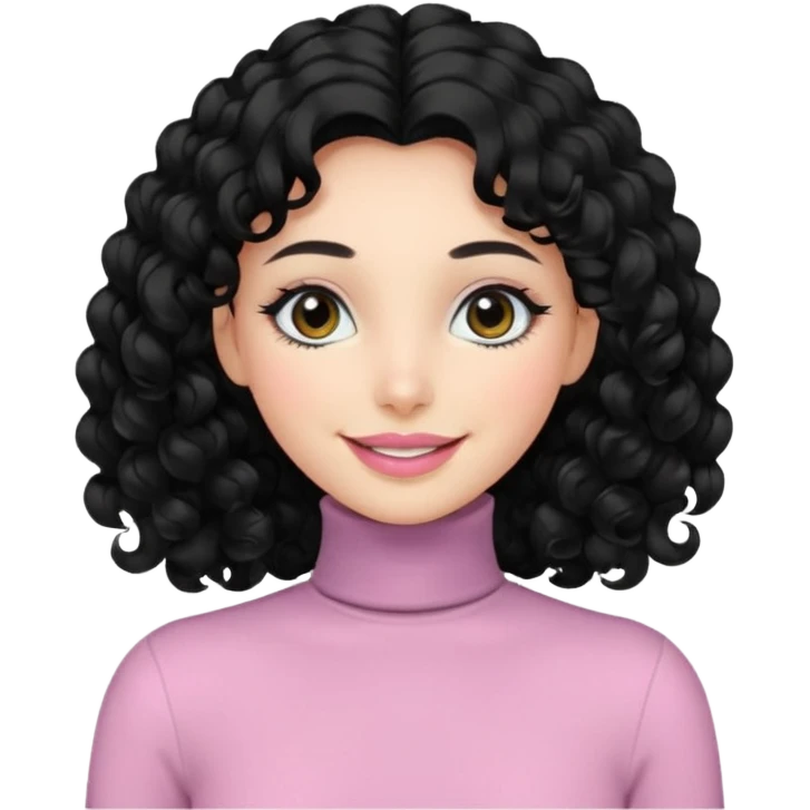 a woman with long sleeve turtle neck top and smile, her hair is long curly and the color is black, her eyes color are black and the color of her lip is soft pink emoji