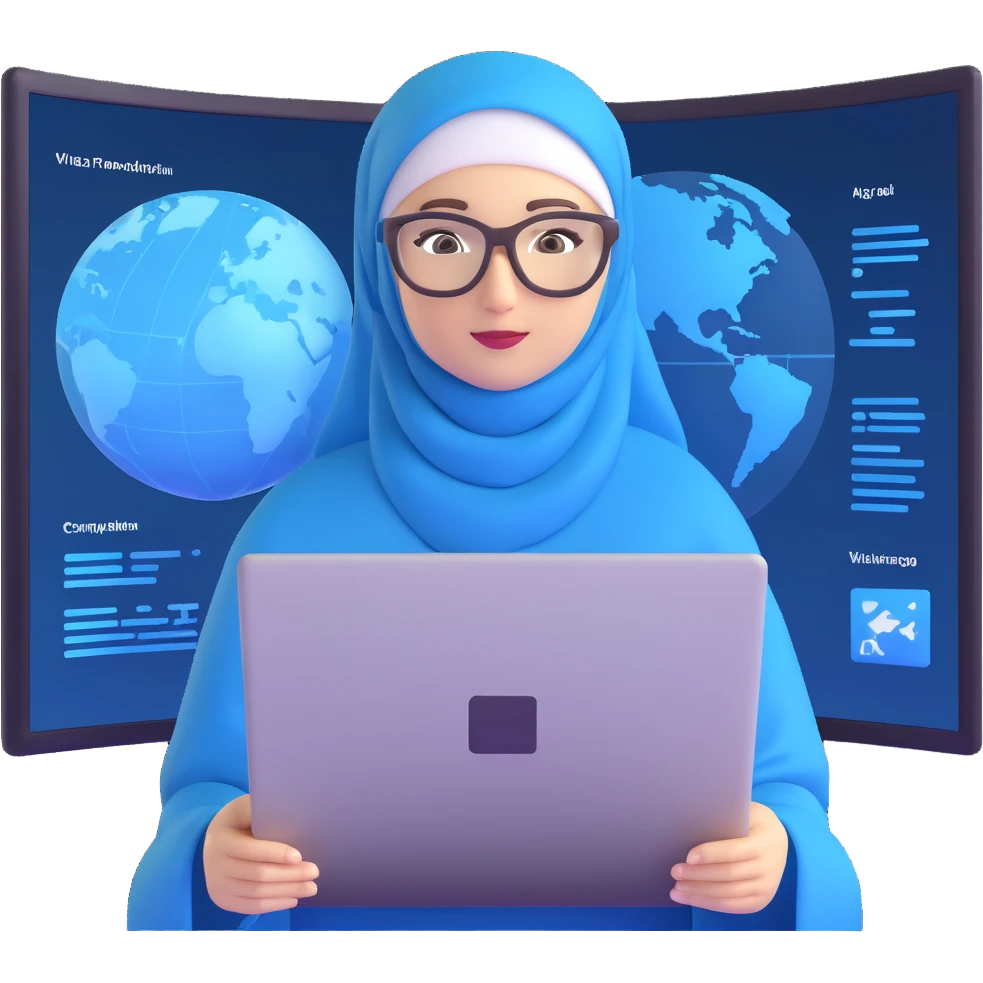computer engineer with white hijab wearing blue outfit, presenting her metaverse creation with a large digital screen behind her displaying virtual worlds and code, laptop open in front of her showing programming interface, AR glasses, professional stance emoji