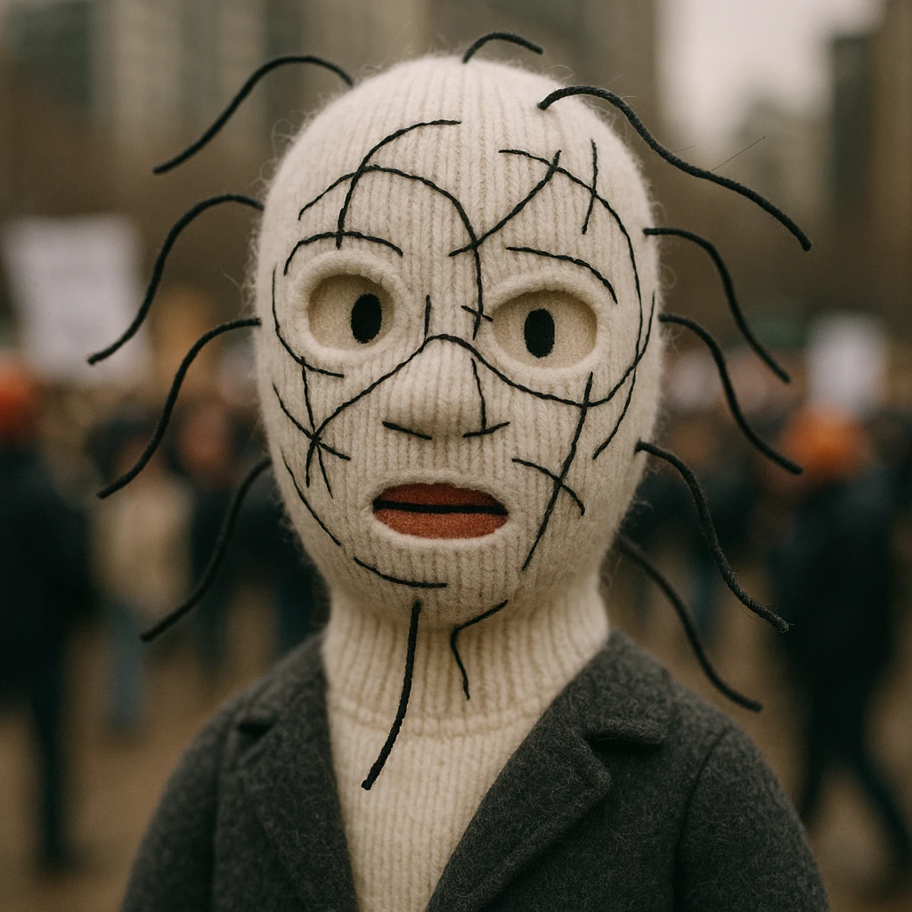 The mask is a full-head, white knitted balaclava with a tight ribbed texture. It features two asymmetrical eye openings and a partially exposed mouth area. Black thread is stitched across the surface in chaotic, abstract lines that trace facial features, giving a hand-drawn effect. Several black cords extend outward from the mask, varying in length and direction, adding a sculptural, almost organic appearance. The overall look is bold, handcrafted, and visually striking. emoji