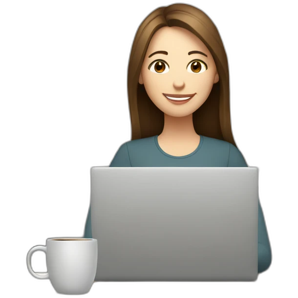 eyes closed smiling woman pale skin middle brown long straight hair holding a closed laptop and a coffee mug emoji