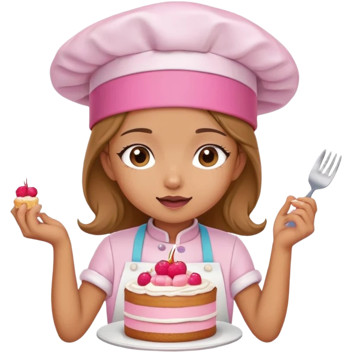 cute girl with pink chef hat eating a cake emoji
