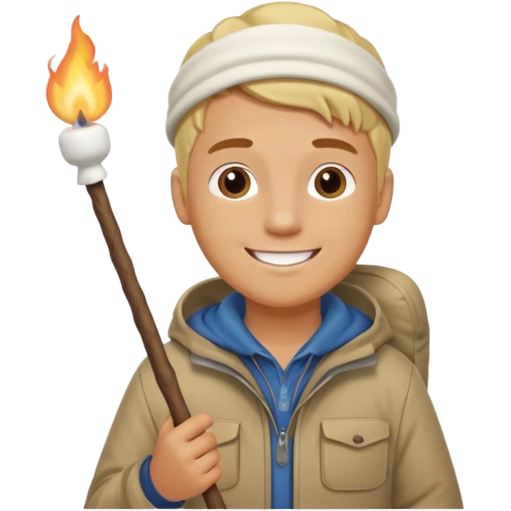 bşonde male with camping clothes holding marshmallow stick emoji