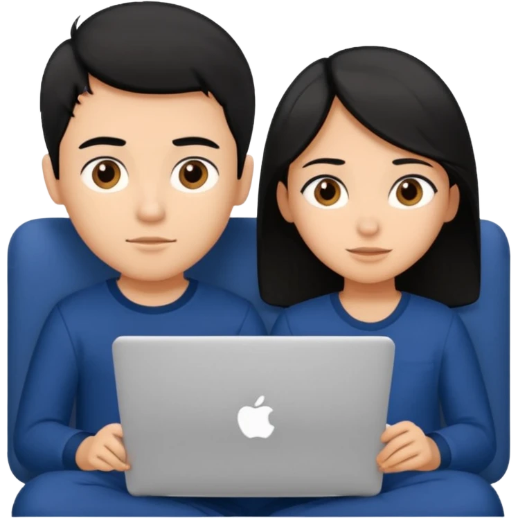 black haired boy and girl in navy blue pajamas , watching movie on laptop emoji
