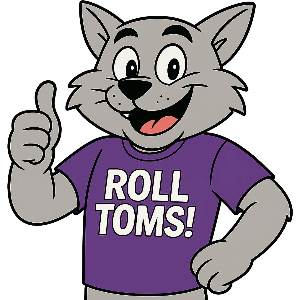 Make Tommie the Tomcat look more cartoonish, smiling and giving a thumbs up, keeping the purple t-shirt with 'Roll Toms!' text, no background. emoji
