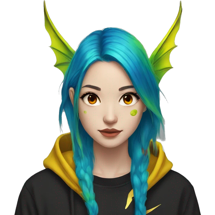 Lady with brunette and iridescent blue hair, gold, lime green dragon wings, black hoodie, bleach dyed, black and gold Nike t shirt, and bright red eyes emoji