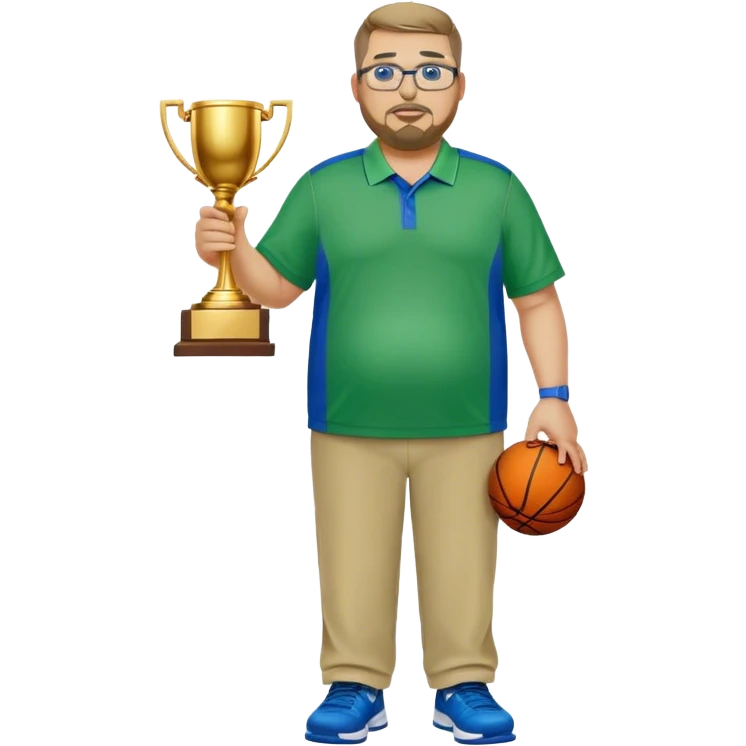  full body white obese male basketball coach with trophy. Goatee , Wearing glasses and blue and green nike polo shirt and khaki pants emoji