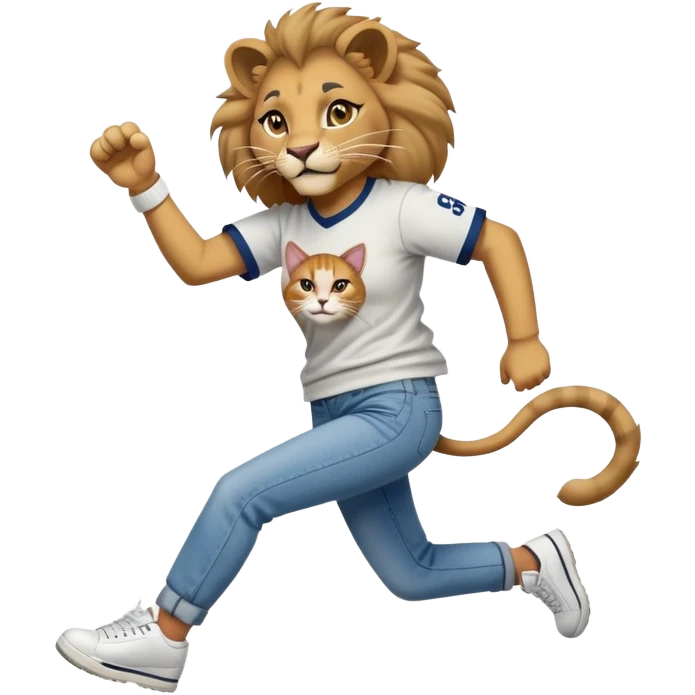 friendly anthropomorphised female lion in a baseball shirt, jeans, and trainers helping a hip-hop, RUN DMC-inspired female cat up after falling down emoji