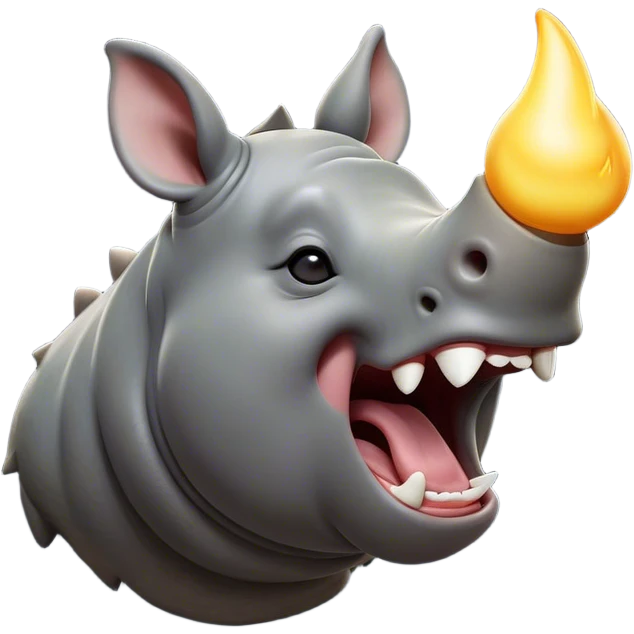 Cinematic Cute Yawning Rhinoceros Portrait Emoji, Head tilted slightly with a dramatic, wide-open yawn, showcasing a soft, textured slate-gray hide with a slightly drooping white horn and eyes barely open in drowsy contentment, Simplified yet irresistibly adorable features, highly detailed, glowing with a soft, cozy glow, high shine, relaxed yet expressive, stylized with a touch of rugged whimsy, bright and endearing, soft glowing outline, capturing the essence of a sleepy yet affectionate rhinoceros, so drowsy it feels like it could stretch out of the screen and curl up for a nap! emoji