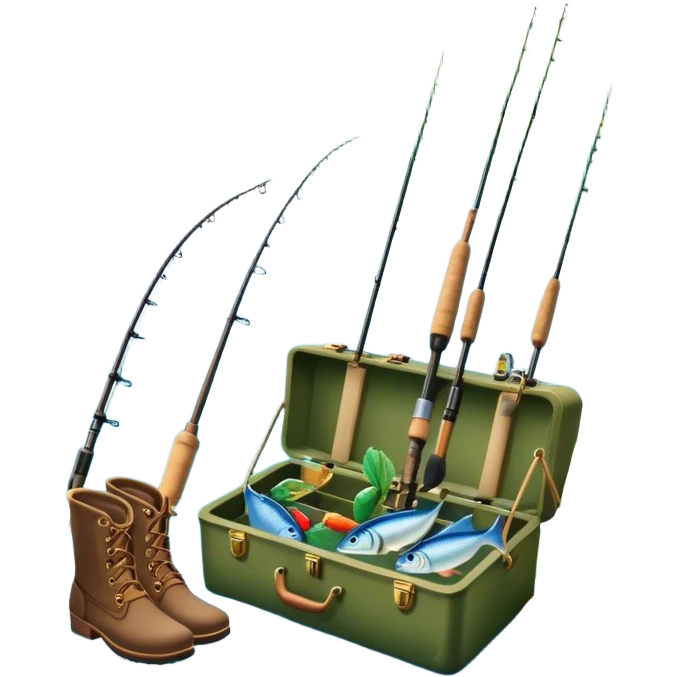 Icon for Fishing Travel: a fishing rod, tackle box, boots, and a boat by a serene lake, with fish jumping out of the water and surrounded by lush nature. The icon should capture the peaceful and adventurous spirit of fishing trips. Transparent background. emoji