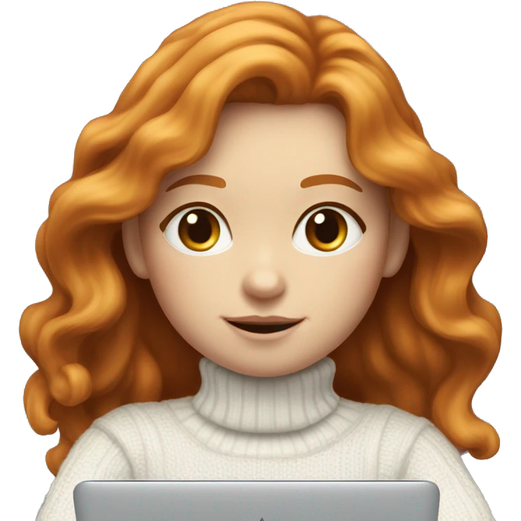ginger girl with wavy long hair and blue eyes in turtle neck white sweater working on a laptop emoji