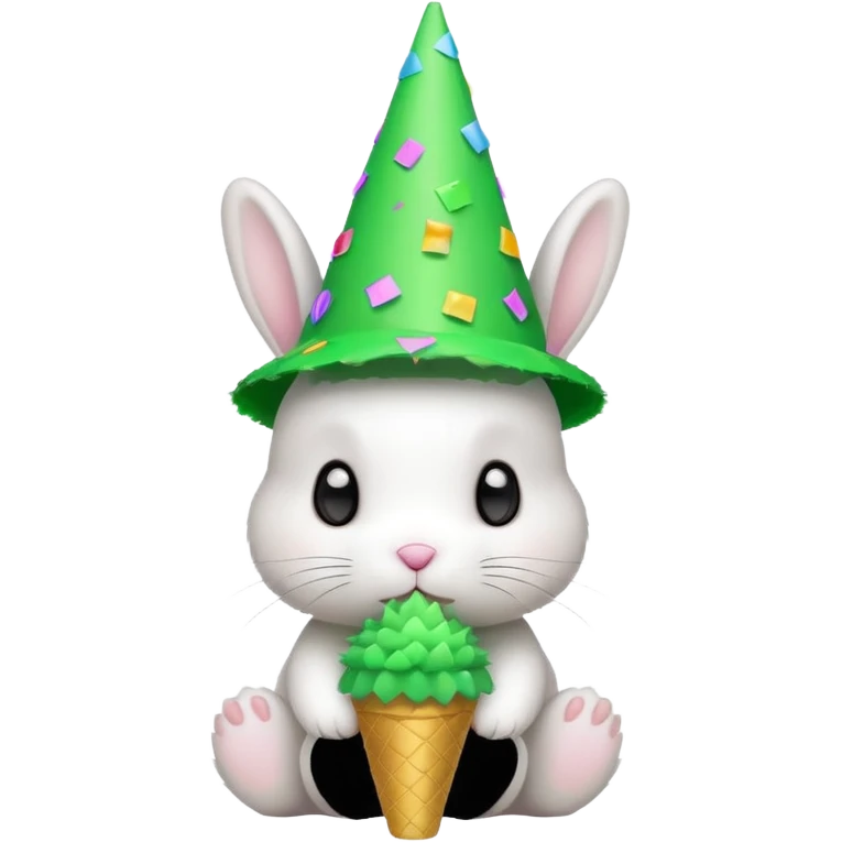 Rabbit in Green Party Hat – white bunny with cone party hat and confetti. emoji