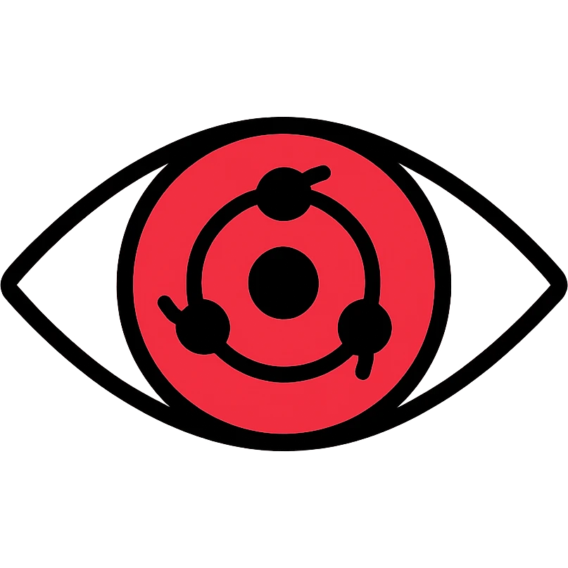 sharingan eye, simplified, flat colors, clean lines, red iris, black tomoe, modern icon emoji