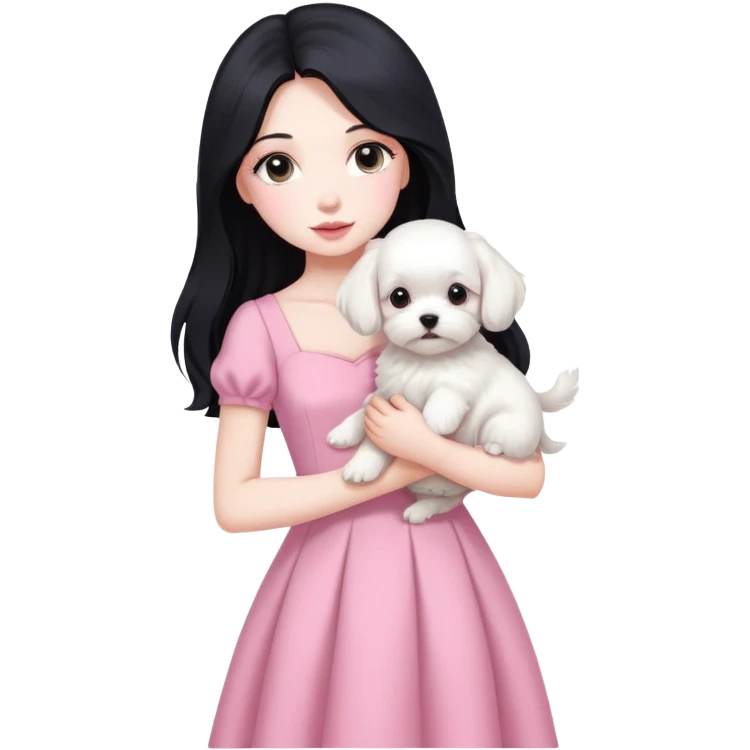 beautiful girl with long black hair wearing pink dress holding a white Maltese puppy emoji