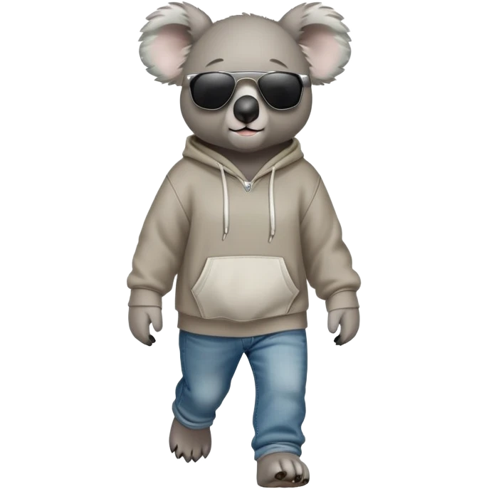 anthropomorphised koala full body wearing a hoodie and jeans dark sunglasses walking emoji