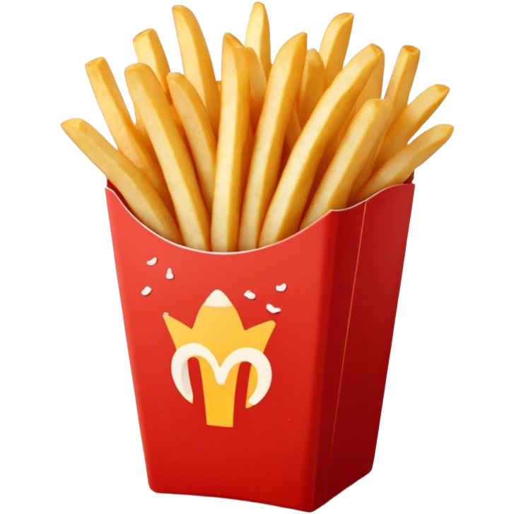 Cinematic crispy golden French fries, piled high, sprinkled with salt, served in a red carton, warm and inviting, rich golden hues, perfectly crunchy and delicious. emoji