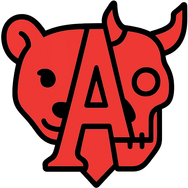 the left half of a stoat face looking forward merged with the right half of a minotaur skull with a broken horn and a red glowing eye in the eyesocket, and the letter A positioned right in the middle between both halves, the entire icon is completely red with no other colors emoji