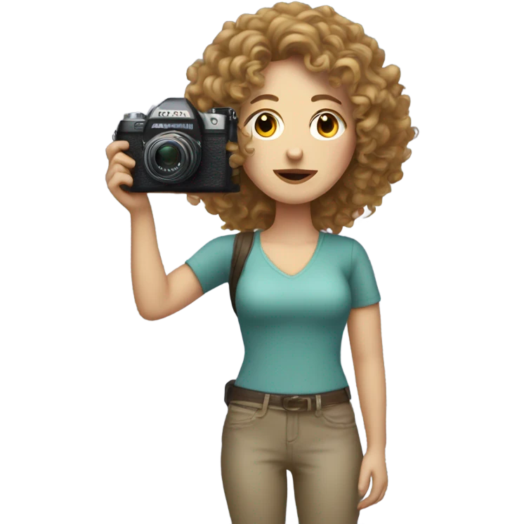 white woman with curly hair holding digital camera emoji
