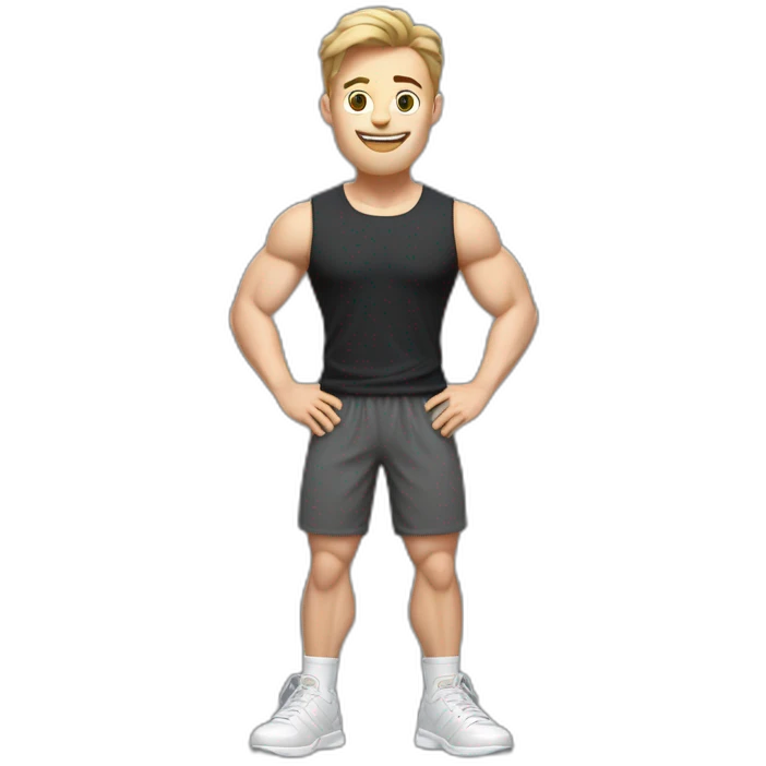 Full height Actively gesturing with hands Pale skinned Fit Man With the biceps and light brown hair with Bristle in dark gray Sleeveless Mike, black oversize sports shorts and white Sneakers emoji
