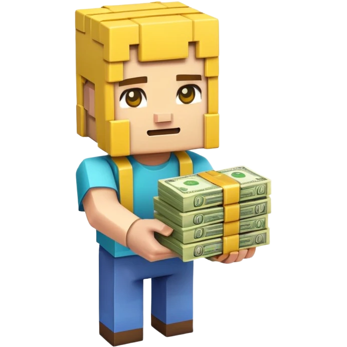emoji style icon, minecraft blocky character holding a stack of money, pixel art style, bright colors, simple background, 3D glossy emoji, centered composition, soft shadow, high detail, clean outline, white background emoji
