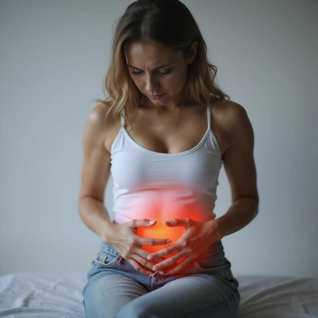 seated woman with painful expression, hands on abdomen, intestinal area highlighted with redness, hyperrealistic 4K details, vertical 9:16 format, neutral background emoji