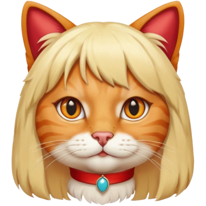A cat with a wig on and red human nails emoji