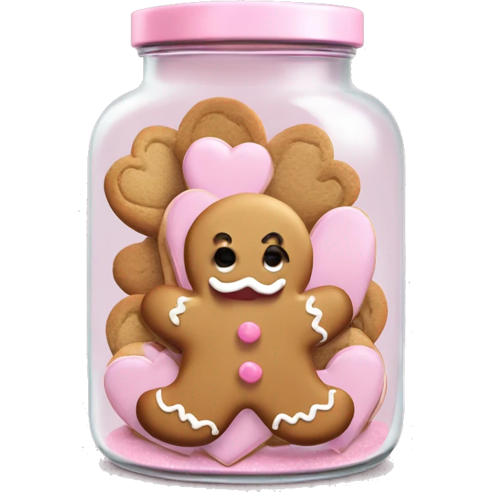 realistic glass cookie jar with pale pink lid with isolated light pink heart gingerbread man cookies full emoji