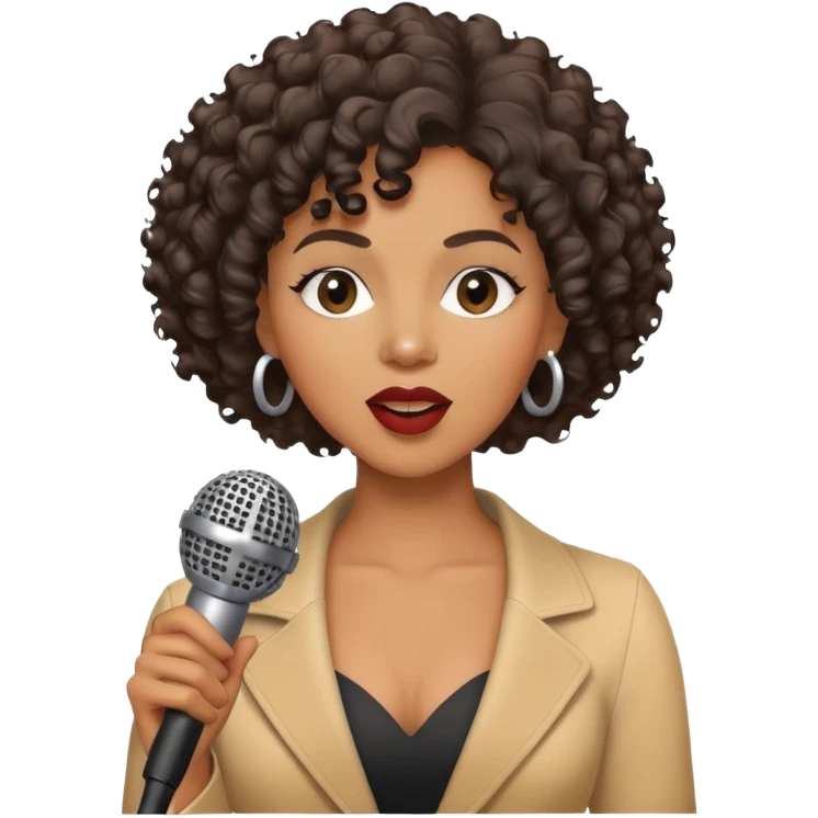 Black woman jazz singer, short curly hair, holding a microphone, singing emoji