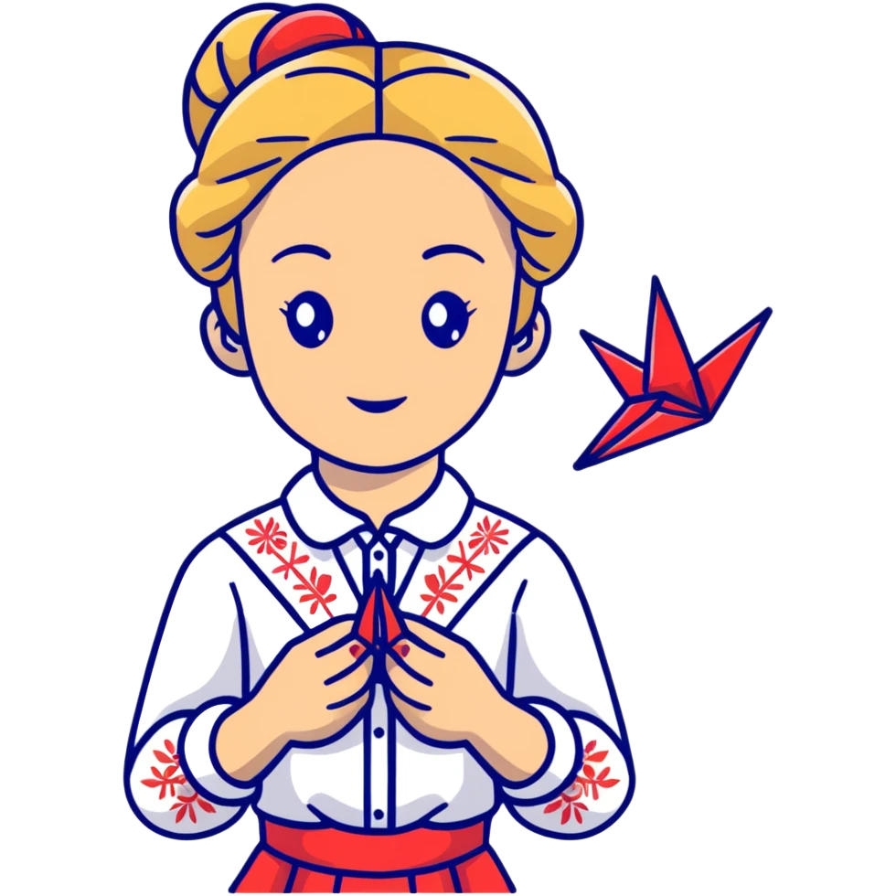 Ukrainian young girl with blonde braided hair wearing a white traditional embroidered shirt (vyshyvanka) holding a red origami paper crane in her hands emoji