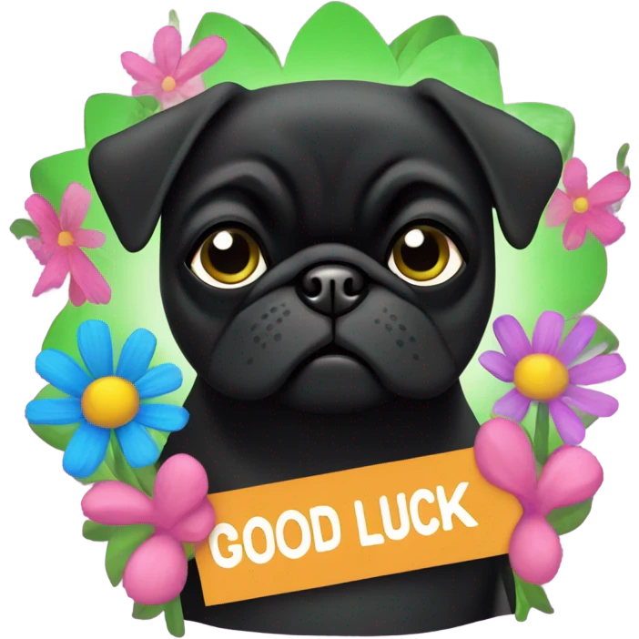 Black pug , surrounded by flowers, holding a green sign that says “good luck”  emoji
